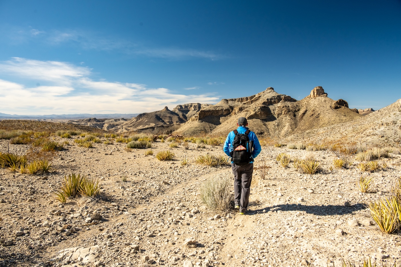 A backpacker on a desert trail