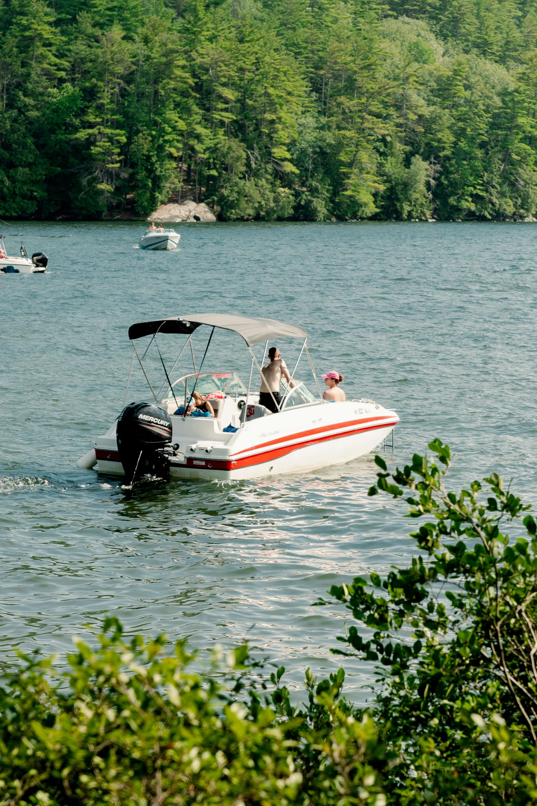 A motorboat on a lake surrounded by forest